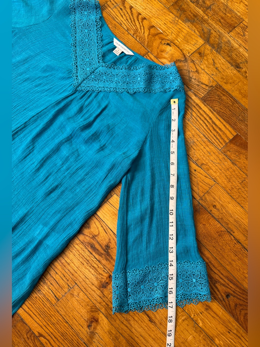 Counterparts Teal Boho Peasant Blouse Lace Trim V-Neck 3/4 Bell Sleeve - Size S - Picture 11 of 16
